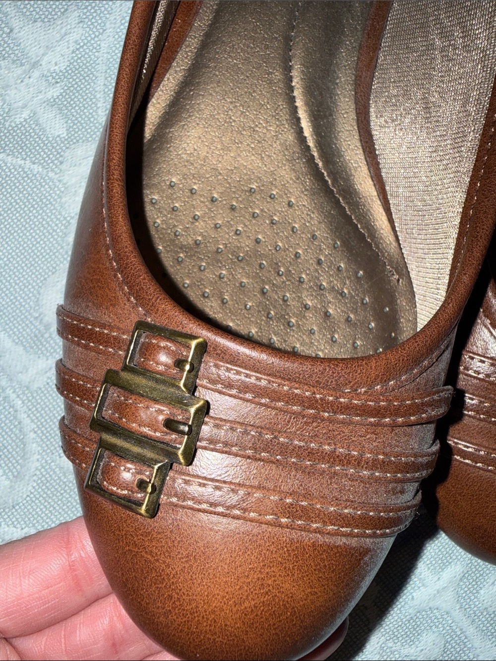 80s Vintage Life Stride Brown Leather Slip-On Ballet Flats with Buckle Detail - Picture 4 of 9